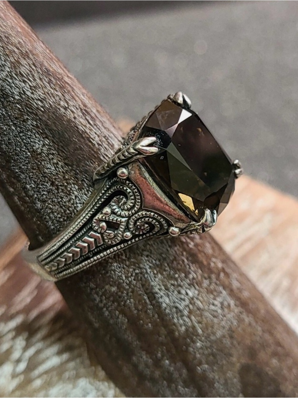Antiqued Filigree Cocktail Ring with Smoky Brown Stone